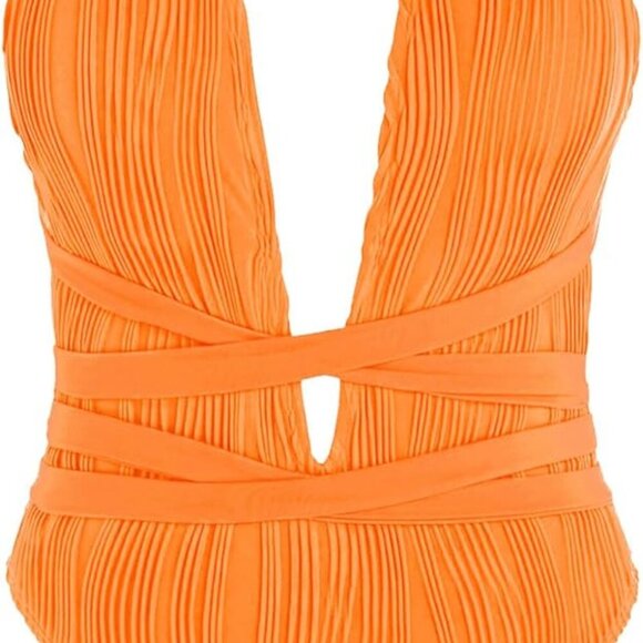 Women Plunging One Piece Swimsuit with Backless Cross Tie High Cut Cheeky Design - Picture 1 of 6
